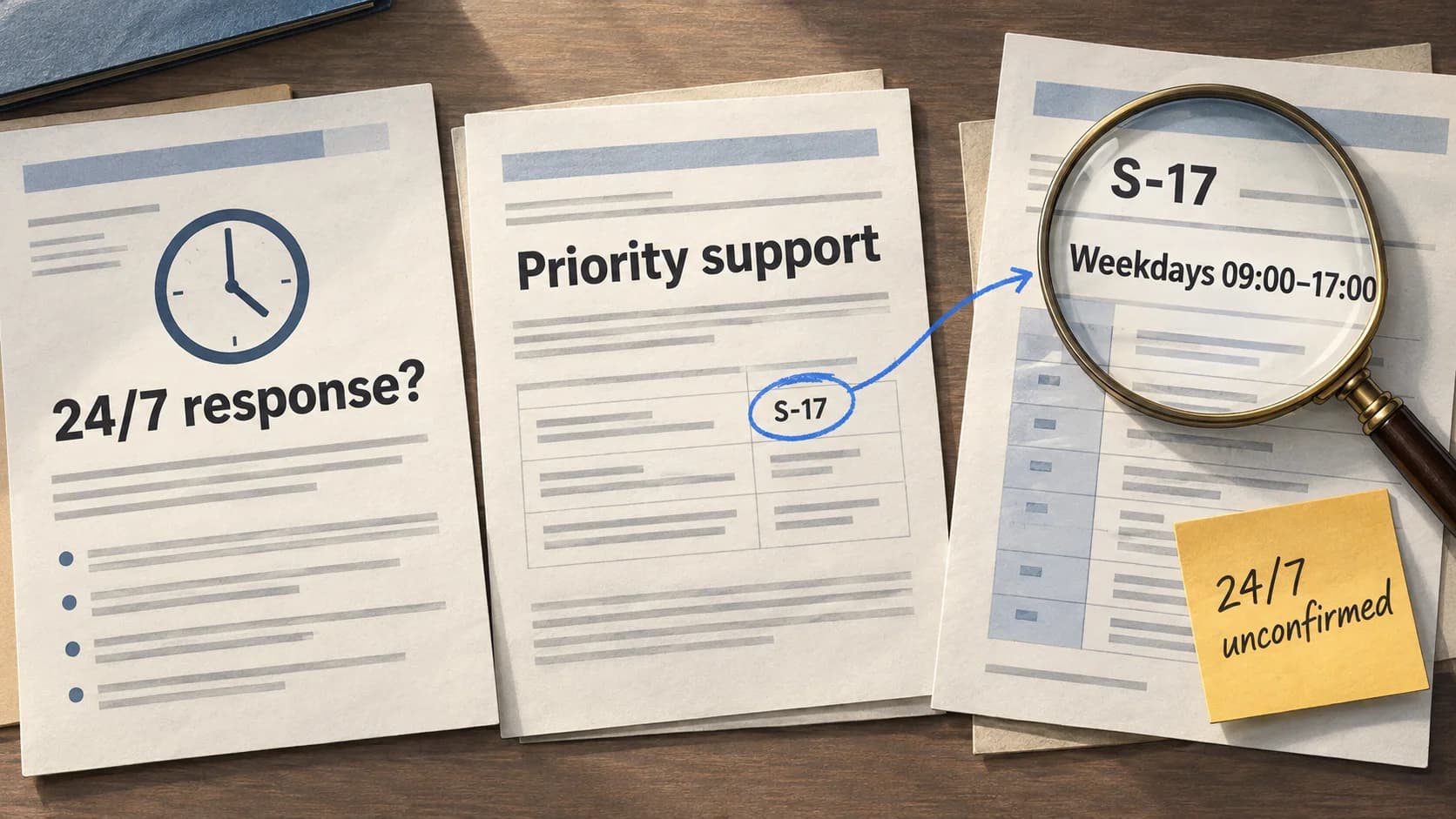 Illustrative tender review: an account summary points to support schedule S-17, where weekday hours leave a 24/7 response requirement unconfirmed.