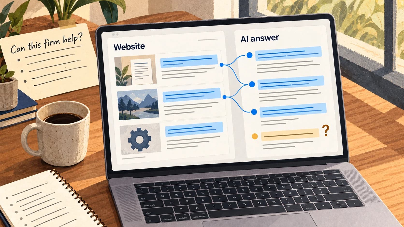 An illustrated laptop compares a service website with an AI answer, highlighting supporting facts in blue and an unanswered question in amber.