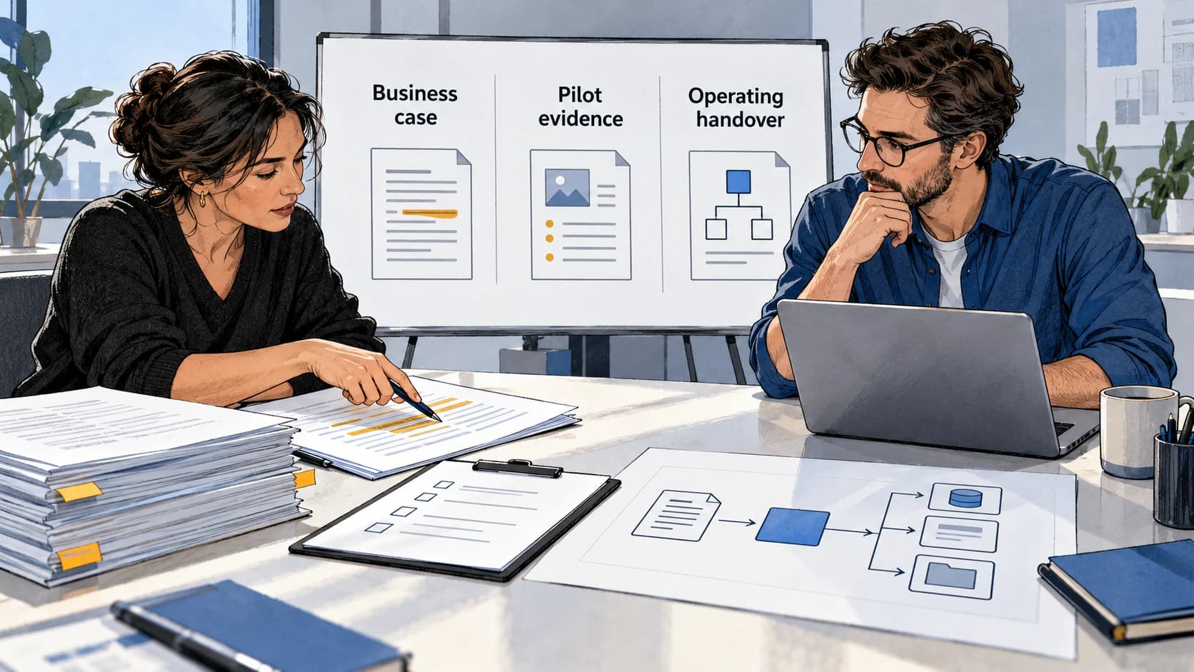 An engineer and an operations lead review source documents, a business case, pilot evidence, and an operating handover together.