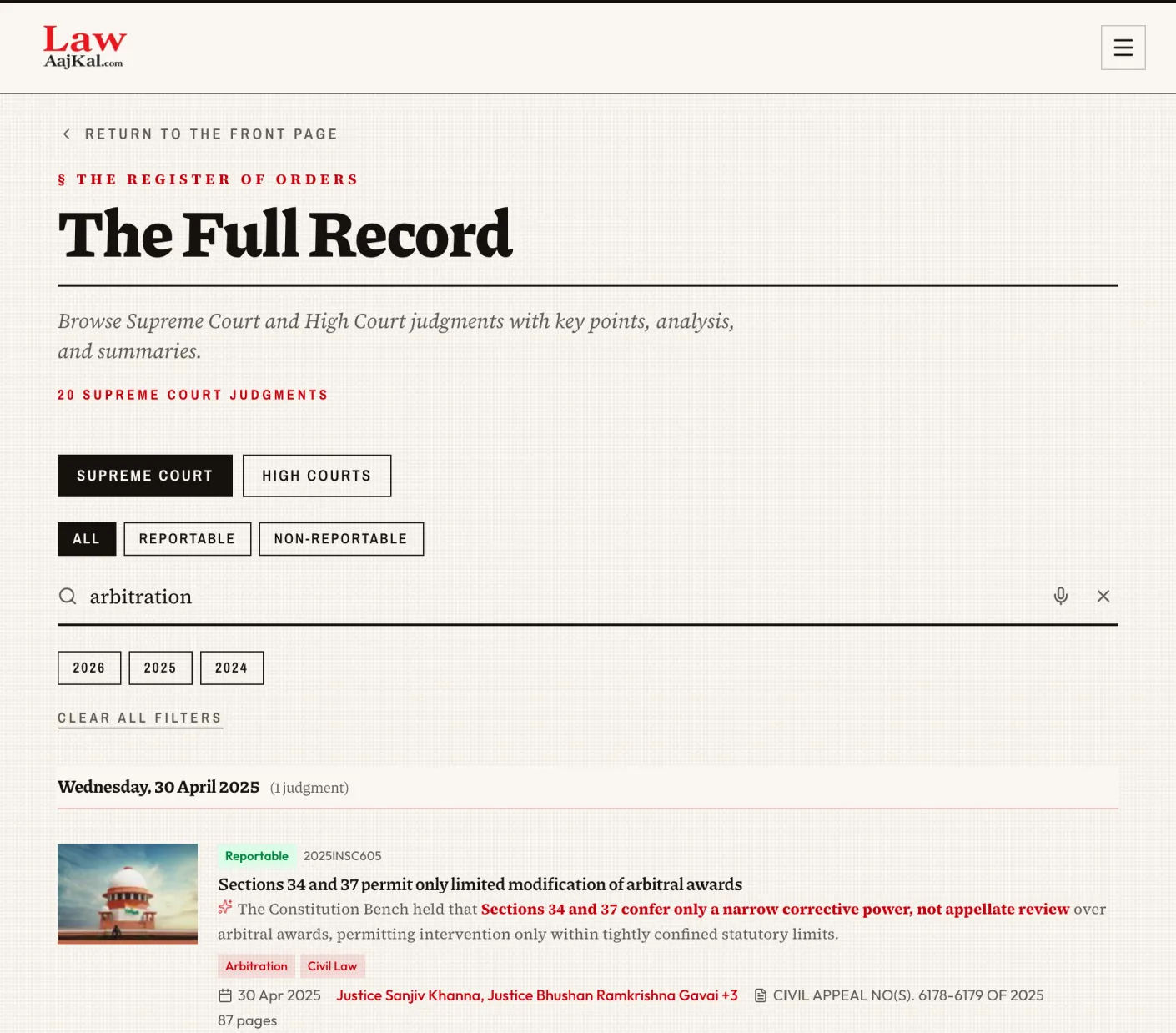 Law AajKal's Full Record searched for arbitration: Supreme Court judgments with highlighted summaries, tags and citations