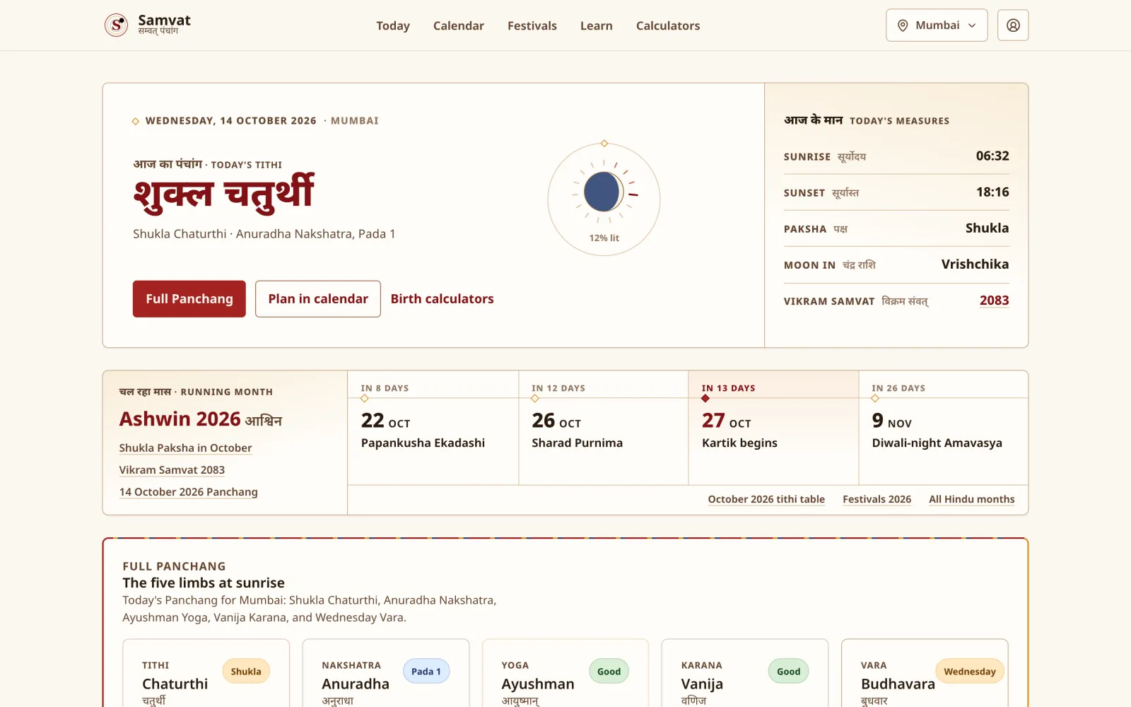 Samvat’s Today page: the tithi, nakshatra, sunrise and sunset for Mumbai, with upcoming festivals