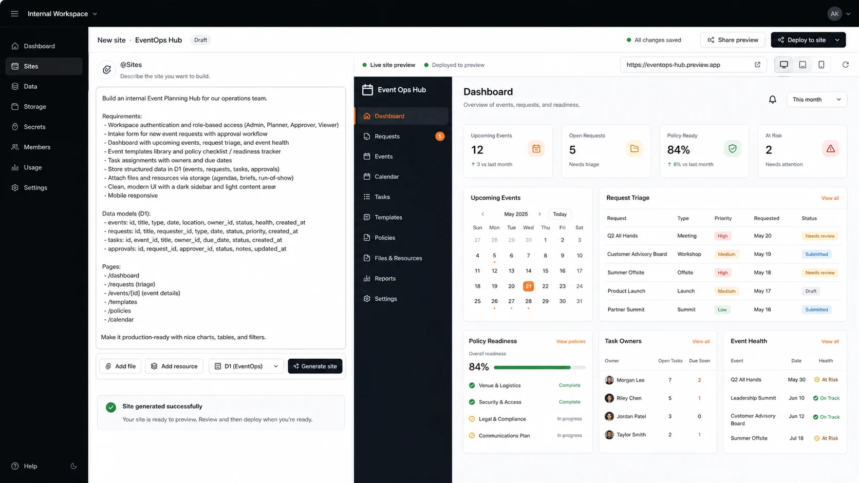 Codex Sites prompt shot for an event operations hub with intake, calendar, readiness, and task sections