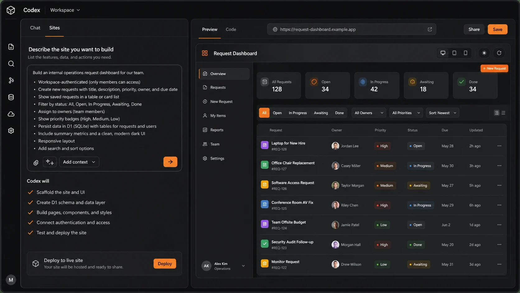 Codex Sites prompt shot for a request dashboard with a generated internal operations app preview